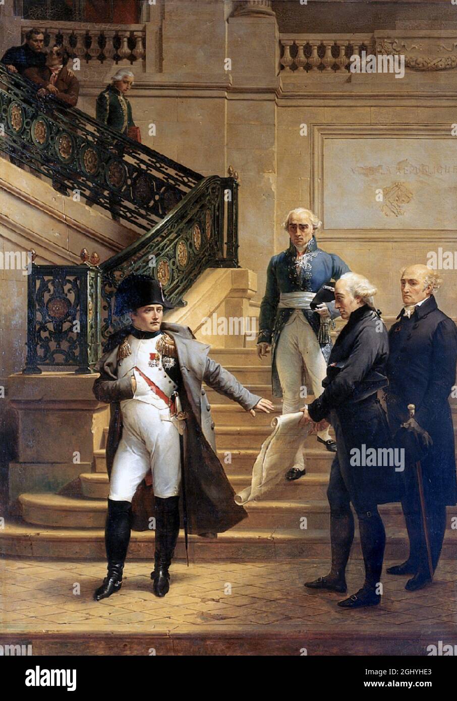 Napoleon's visit to the Palais-Royal on 19 August 1807, the Palais-Royal where the Tribunat, a consultative assembly that had just been abolished, was sitting. The man in the blue suit was Jean-Claude Fabre, known as Fabre de l'Aude, the president of the Tribunate. Napoleon, angry at his presence, left the palace, rejecting the plans proposed by the two architects on the right Stock Photo