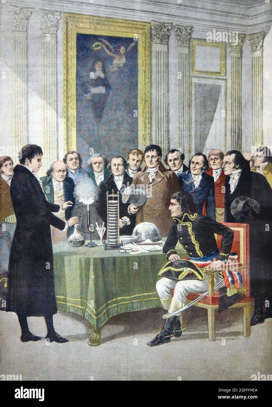 Italian physicist Alessandro Volta  demonstrating his battery to Napoleon in Paris, Stock Photo
