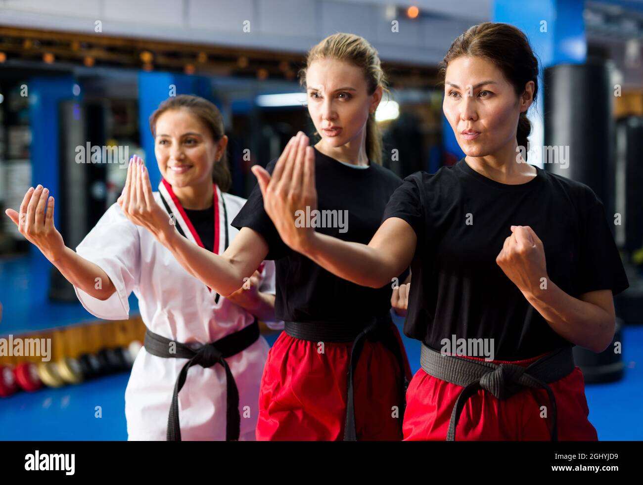 Determined women in martial arts sportswear standing in fighting stance
