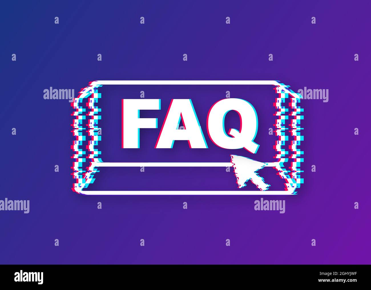 Faq with cursor button. Internet glitch icon. Pointer click icon. Vector stock illustration. Stock Vector