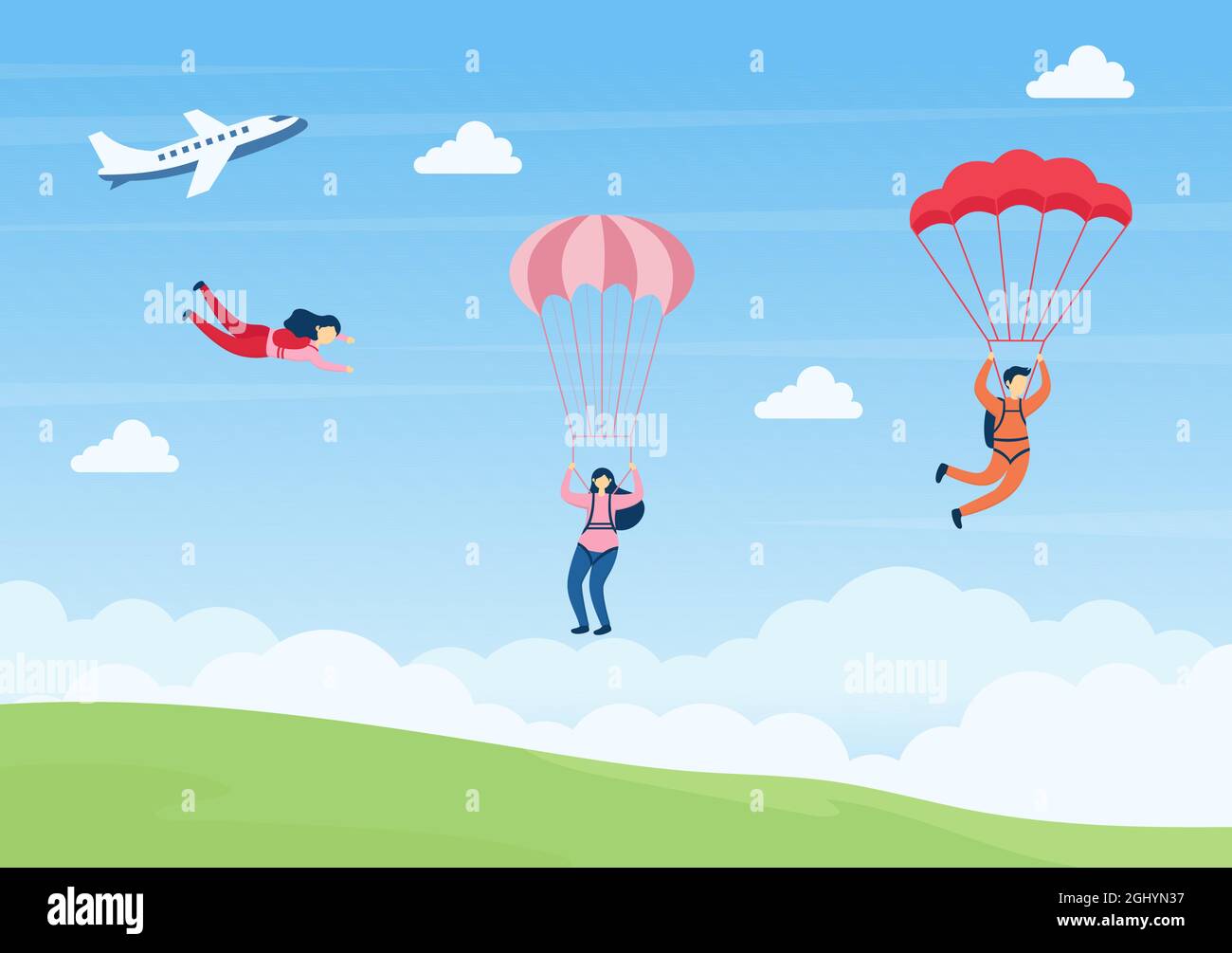 Skydive is a Type Sport of Outdoor Activity Recreation Using Parachute and High Jump in Sky Air. Cute Cartoon Background Vector Illustration Stock Vector