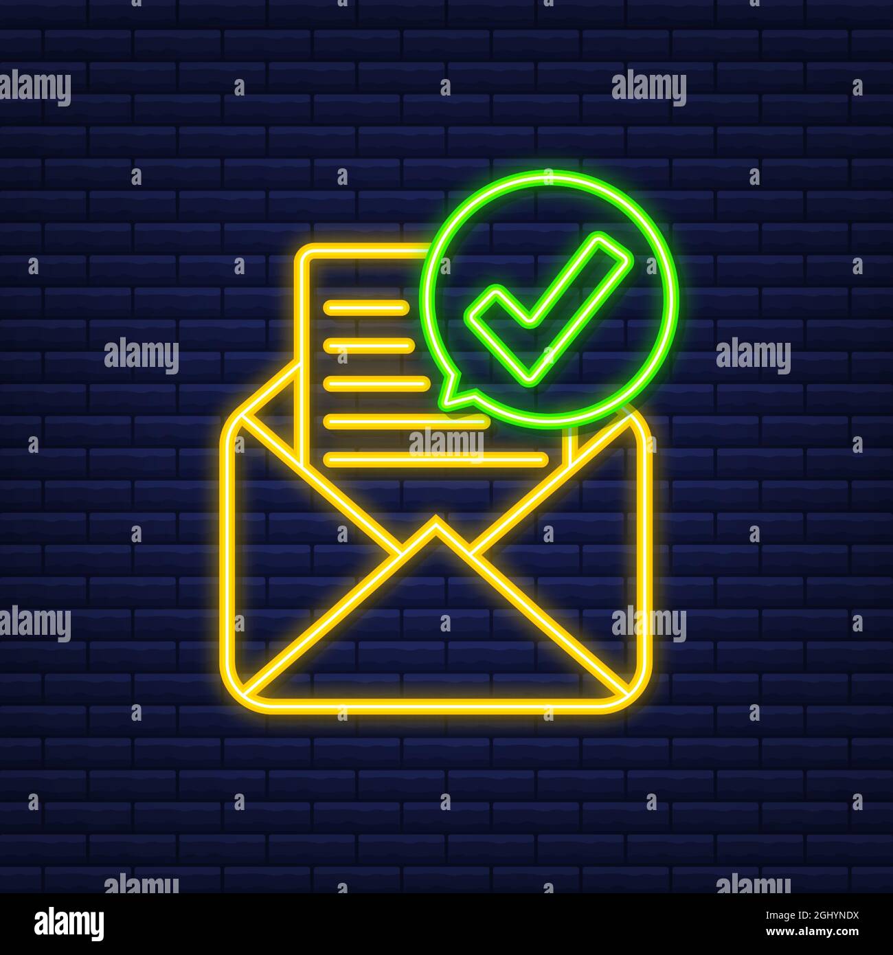 Opened envelope and document with green check mark. Neon icon. Verification email. Vector illustration. Stock Vector