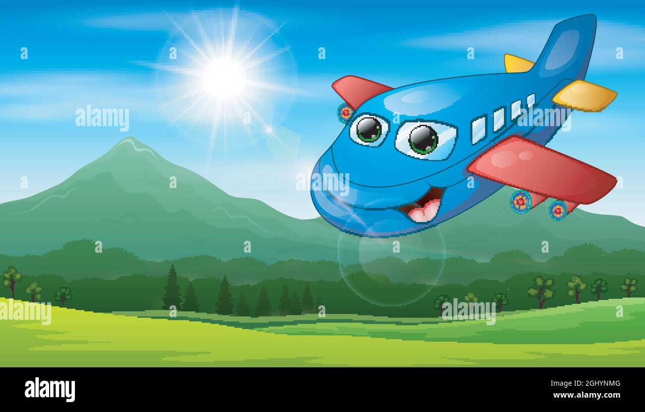 Smiling cartoon airplane flying in the mountain view Stock Vector Image &  Art - Alamy
