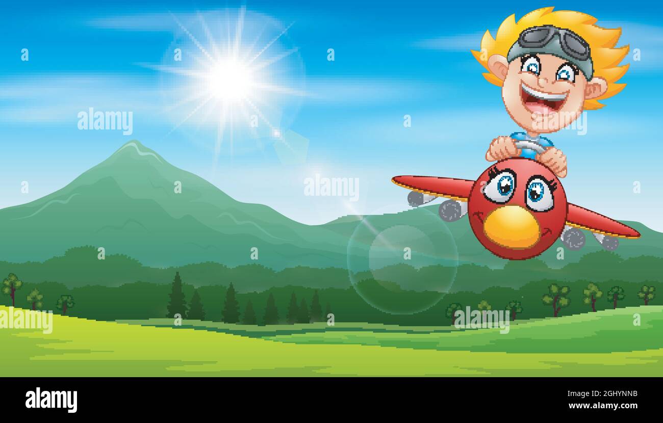 Cartoon pilot boy on a airplane flying over green hill Stock Vector