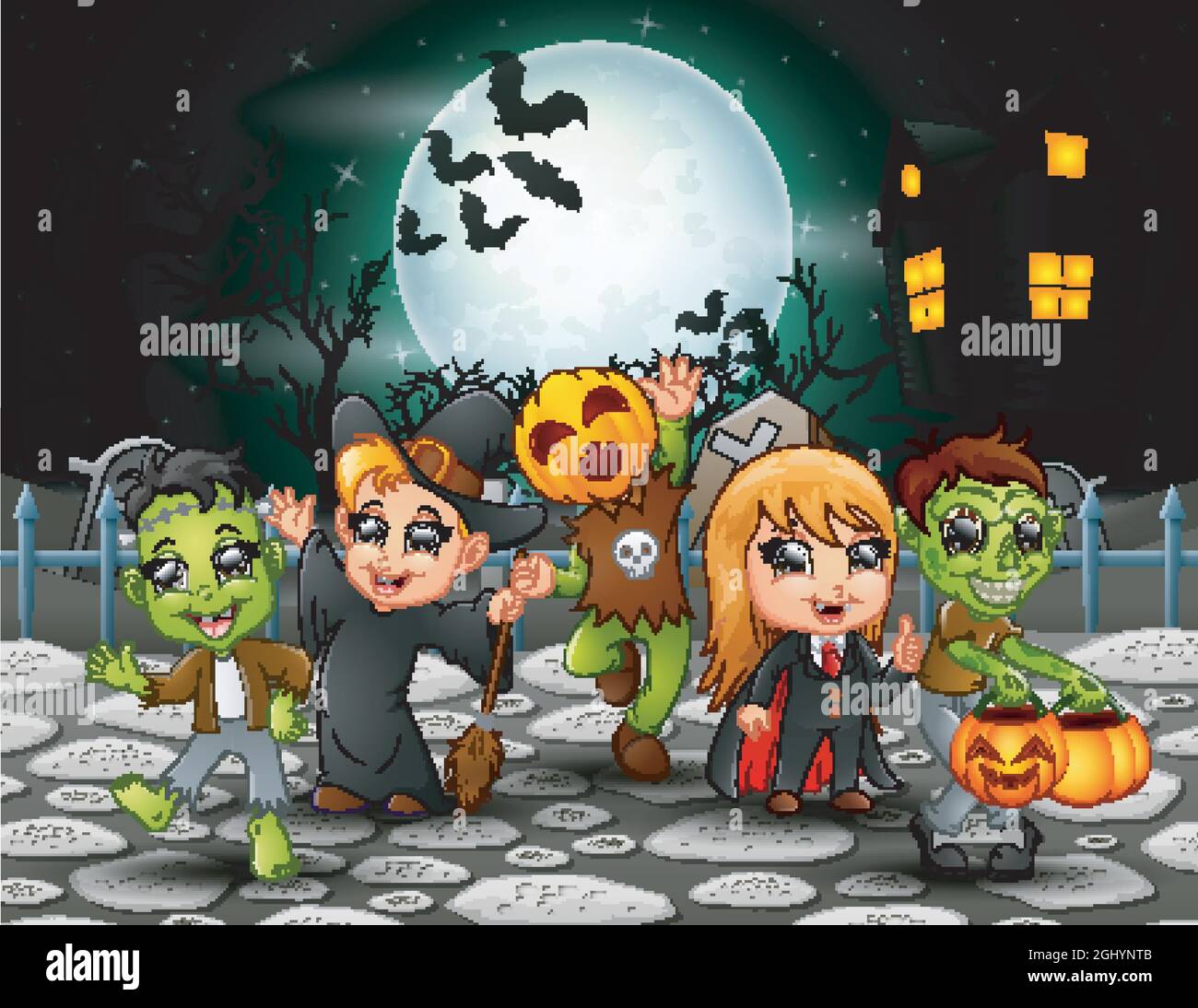 Happy halloween kids in full moon background Stock Vector Image & Art ...