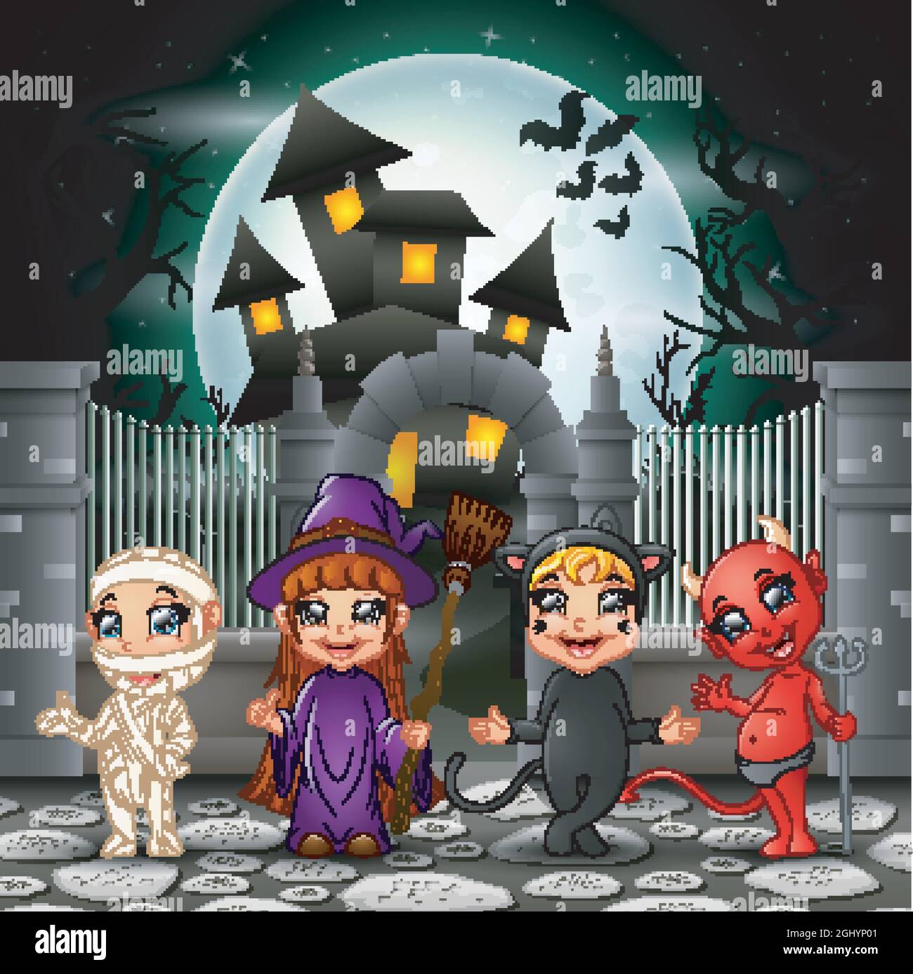 Cartoon happy kids with Halloween background Stock Vector Image & Art ...