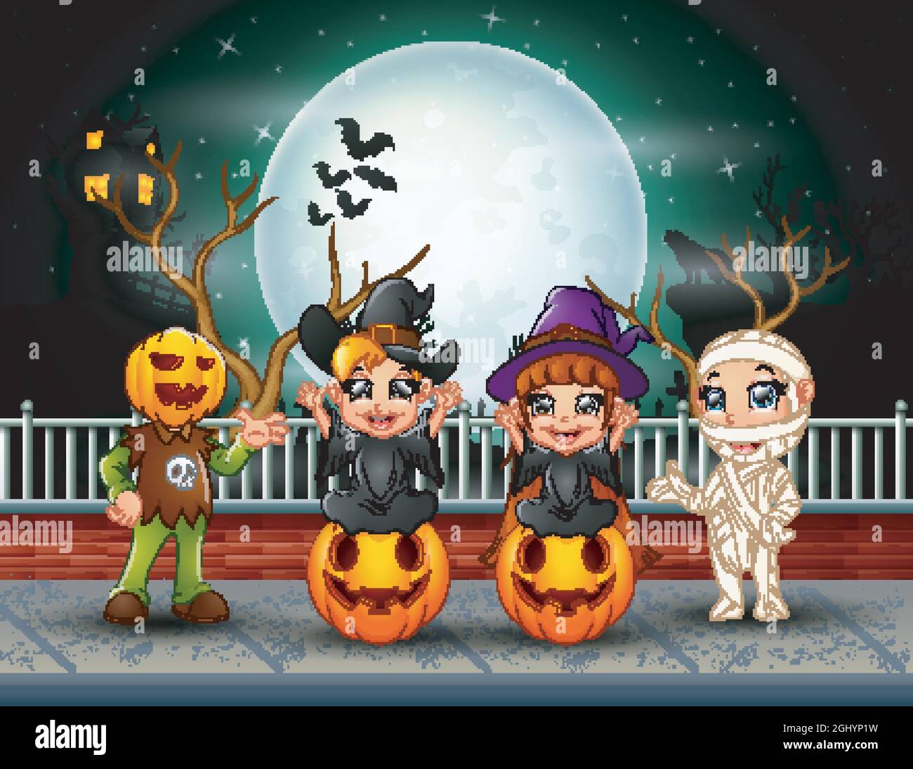 Happy halloween kids in full moon background Stock Vector Image & Art ...