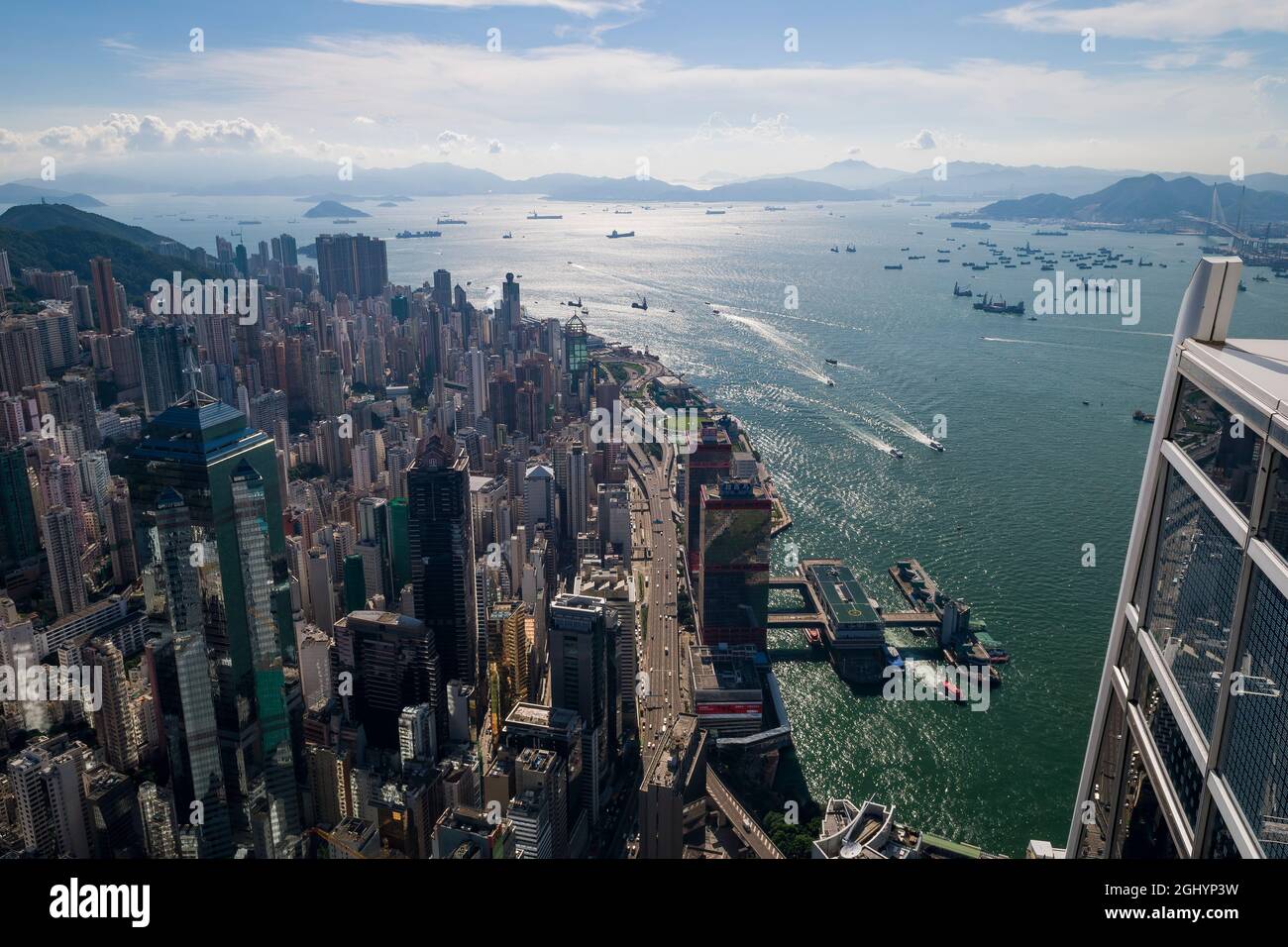Sheung Wan, Sai Ying Pun and Kennedy Town, looking east to Lantau Island, from the roof of 2ifc, Hong Kong Island's tallest building Stock Photo