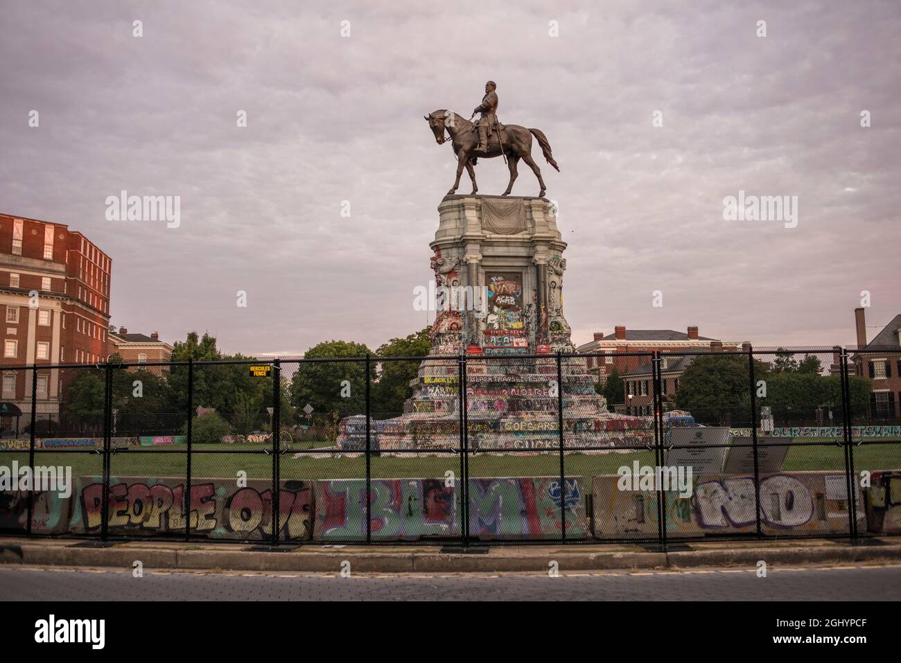 Gated monument of Confederate General Robert E Lee on his horse Traveller on Monument Avenue in Richmond Virginia, 5th Sep 2021, USA Stock Photo