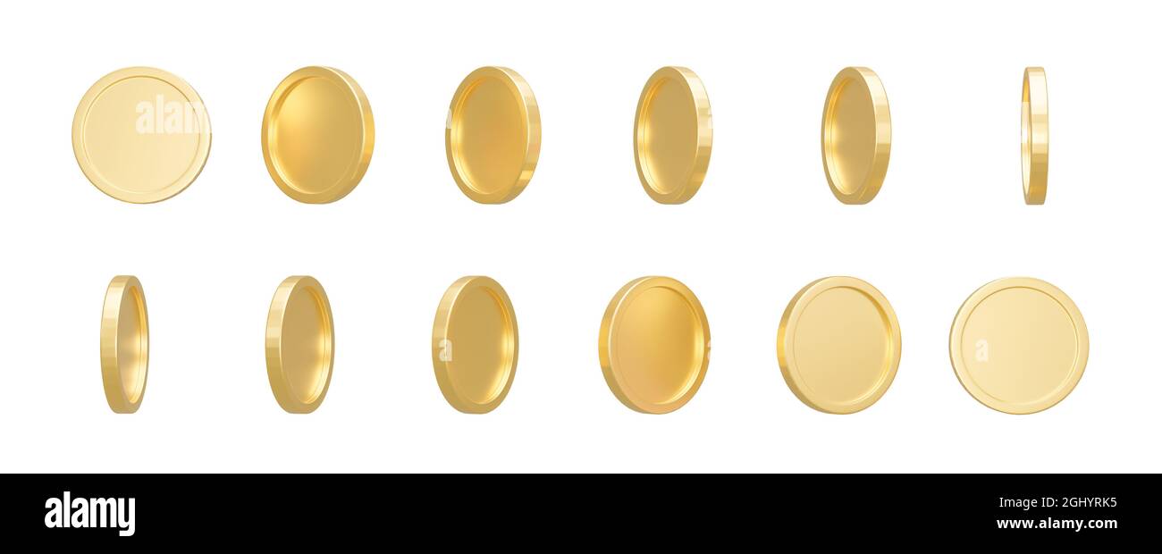 3D Render. Set of gold coins isolated on background in different ...