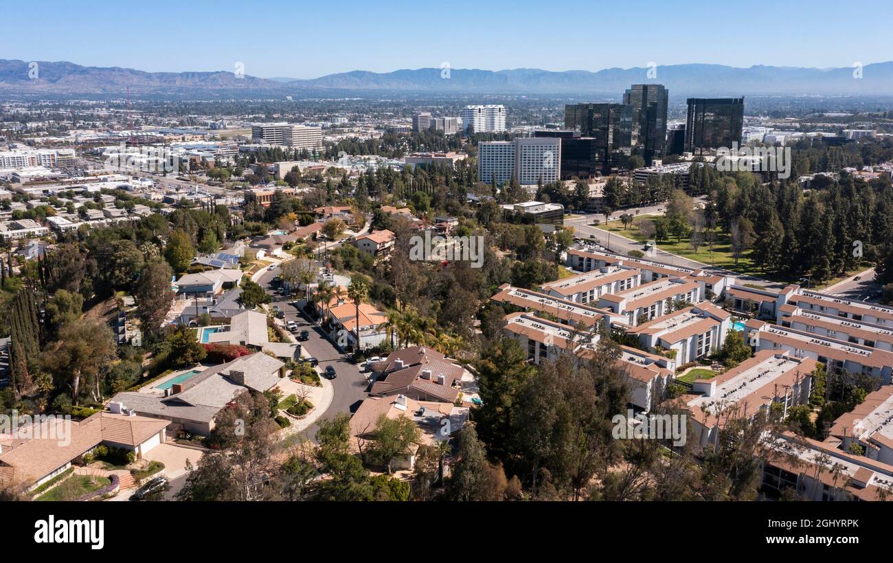 Daytime aerial skyline view of the Woodland Hills area of Los Angeles, California, USA. Stock Photo