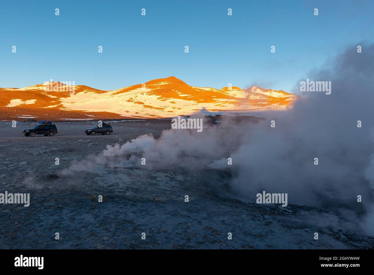 Sol de Manana (Morning Sun) geothermal volcanic area at sunrise, Andes mountains, Uyuni, Bolivia. Stock Photo