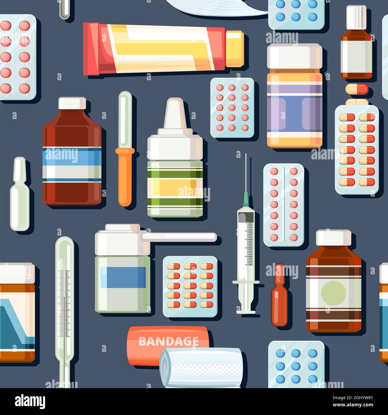 Medicines seamless pattern. Illustration with pills. Concurrency. Medicinal drugs. Pharmaceuticals. Ambulance. Pharmacy. Dark background. Flat design Stock Vector