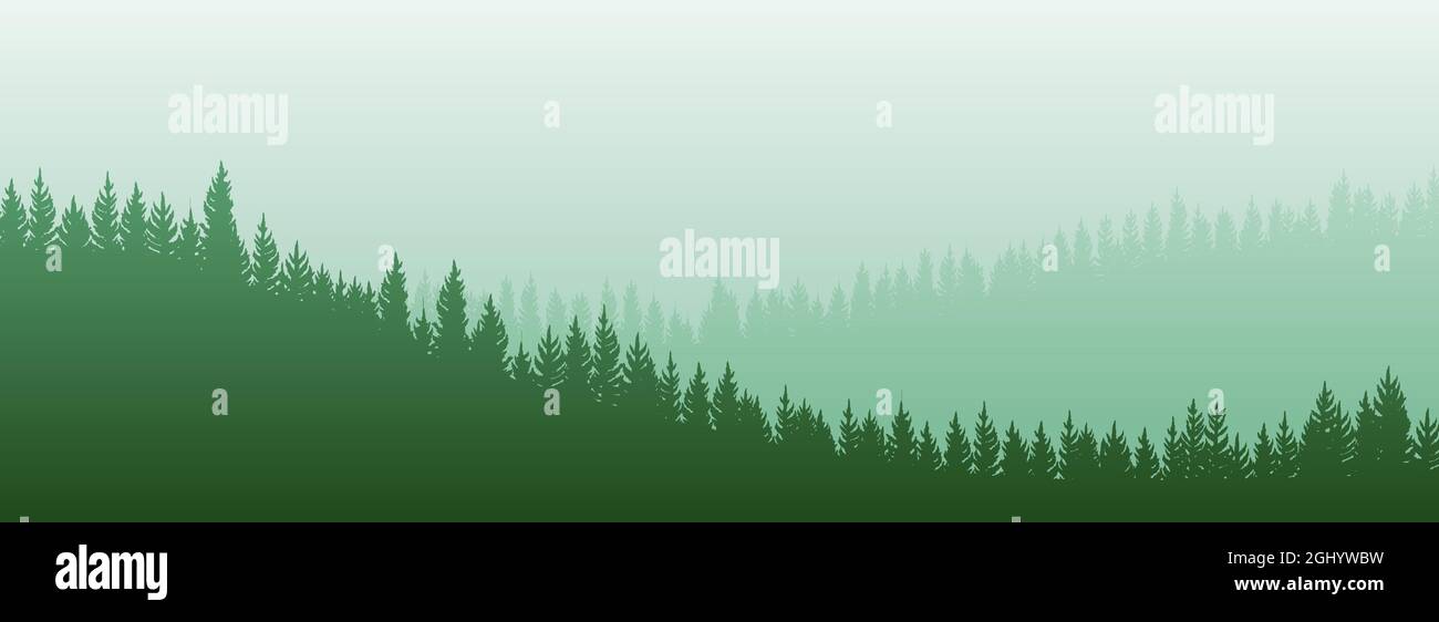 Foggy morning in coniferous forest. Silhouettes of trees. Wild hilly landscape. Pine, cedar. Landscape is horizontal. Illustration vector Stock Vector