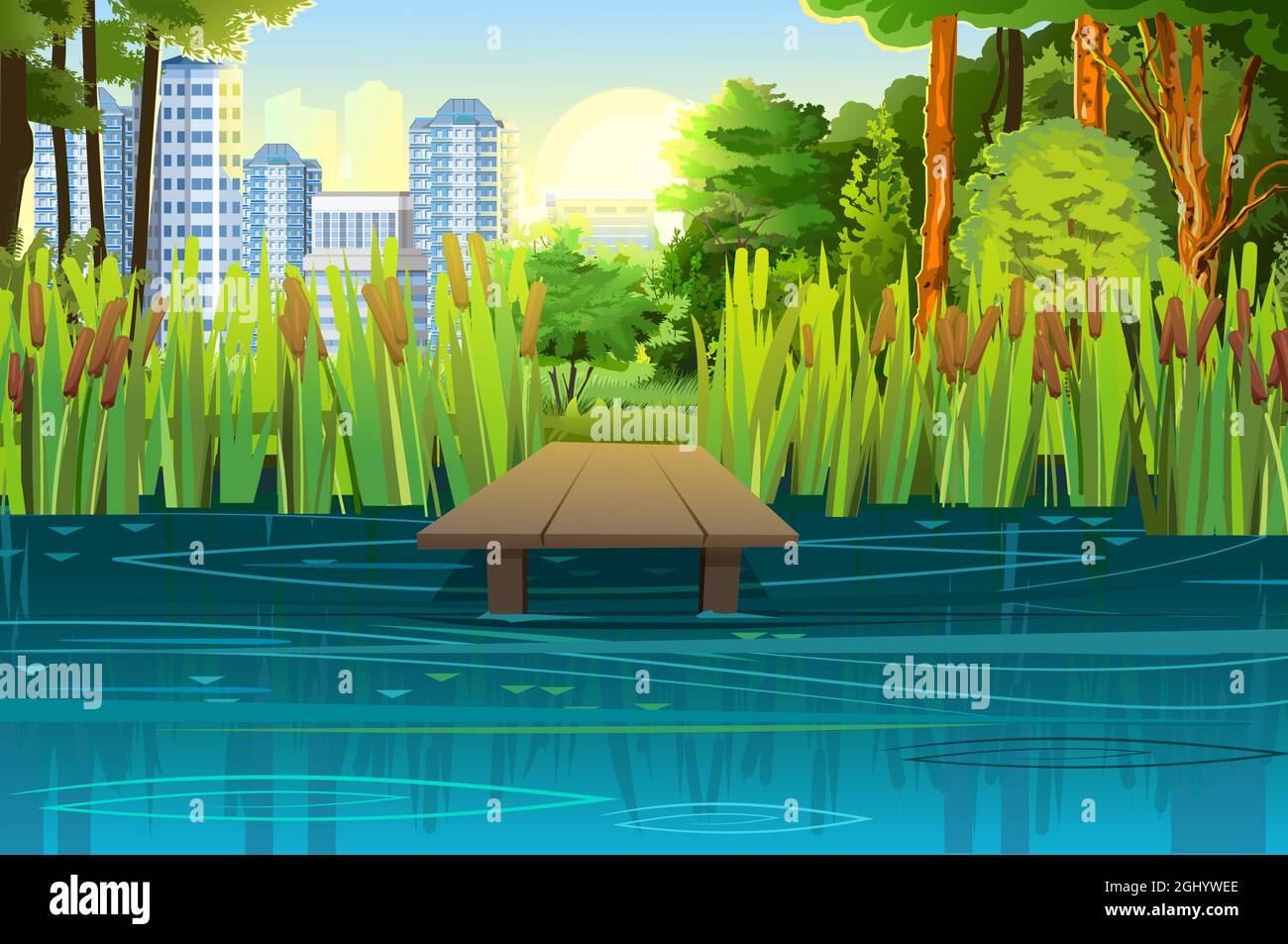 Pier for fishing on coast of river or lake. Wild pond. Summer landscape. City in the distance. Out-of-town scenery. Water flow and shallow waves Stock Vector