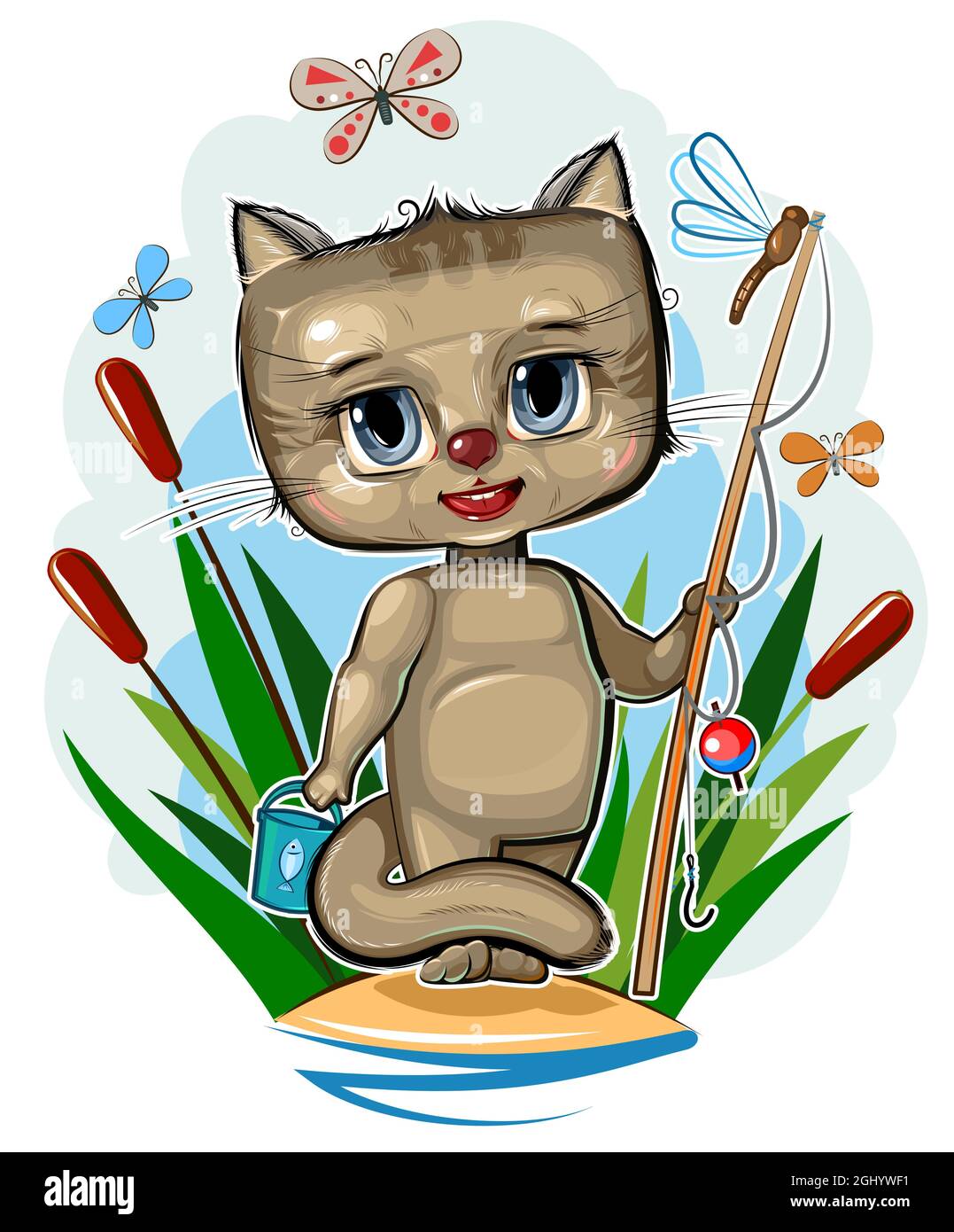 Funny cute baby Cat on the bank of the stream. A fisherman with a fishing rod among the reeds. Naive animal child. Cartoon style. Illustration for Stock Vector