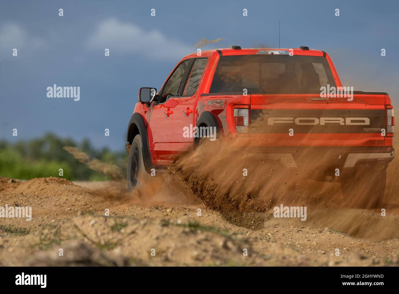 New Ford F-150 Raptor during fast driving in extreme wilderness Stock Photo