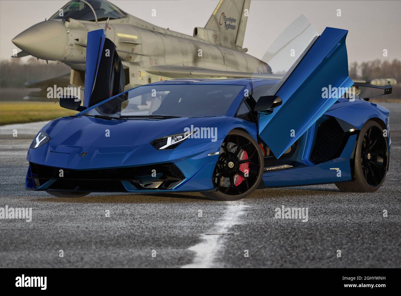 Lamborghini aventador on the Eurofighter Typhoon plane background Stock  Photo - Alamy
