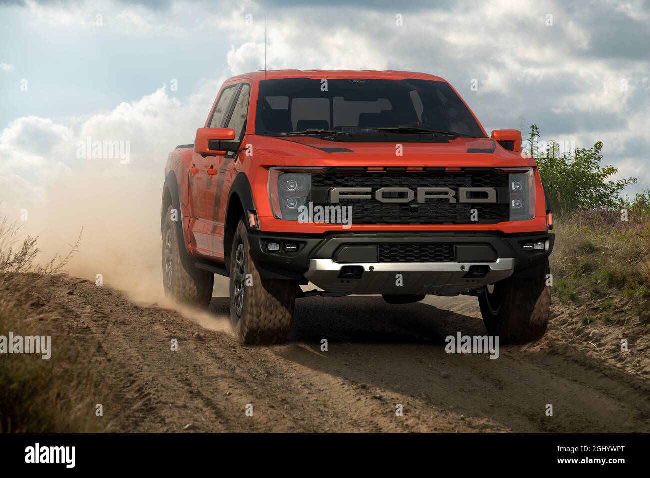 New Ford F-150 Raptor during fast driving in extreme wilderness Stock Photo
