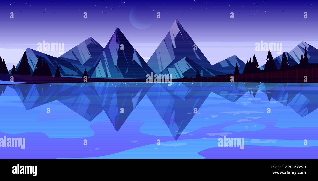 Dusk mountain lake scenery landscape, dark sky with waning moon and stars  above pond surrounded with trees and rocks. Beautiful night nature scenic  background, evening view Cartoon vector illustration Stock Vector Image