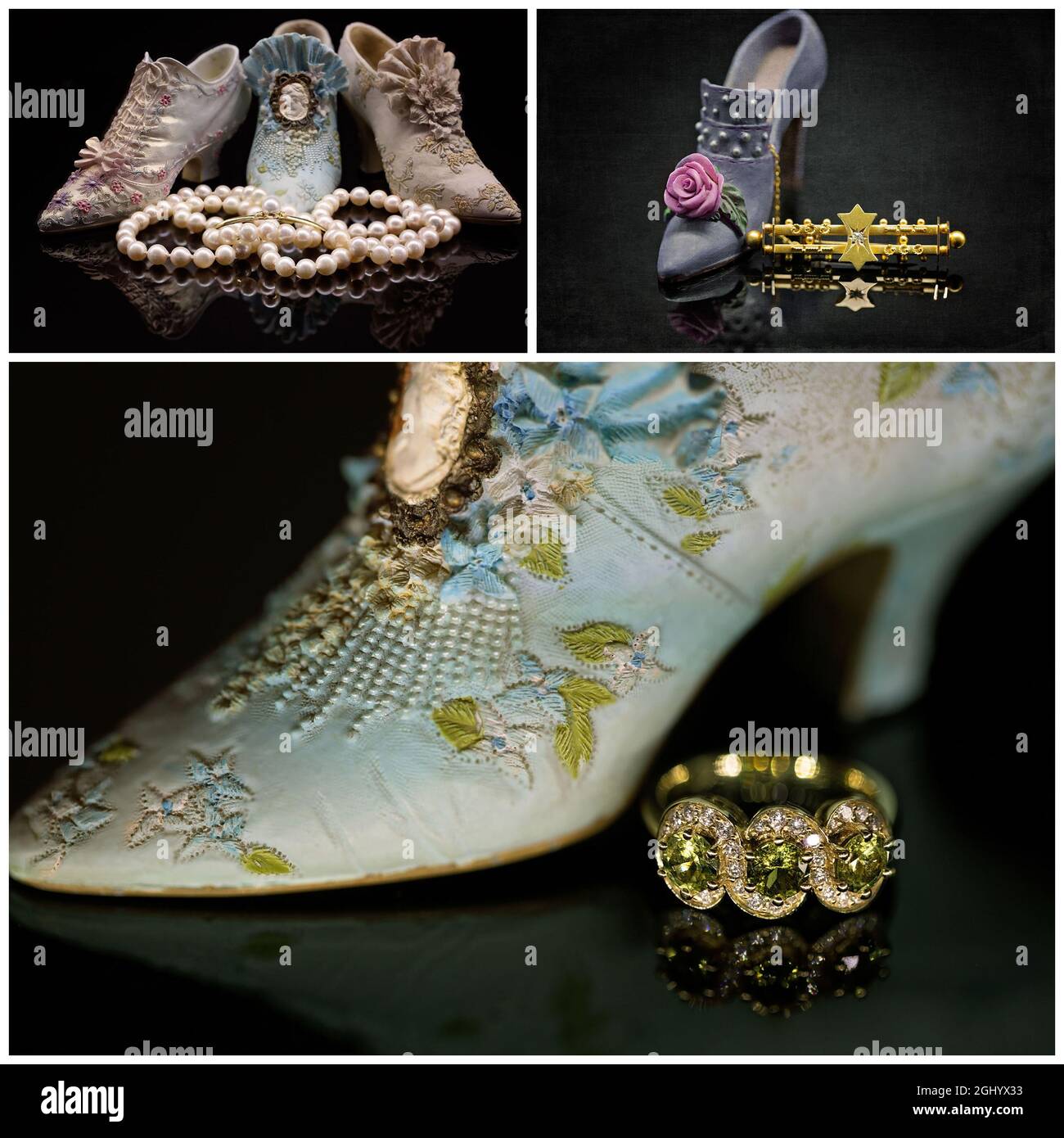 Collage of jewelry against miniature Victorian era embroidered shoes, black  background Stock Photo - Alamy