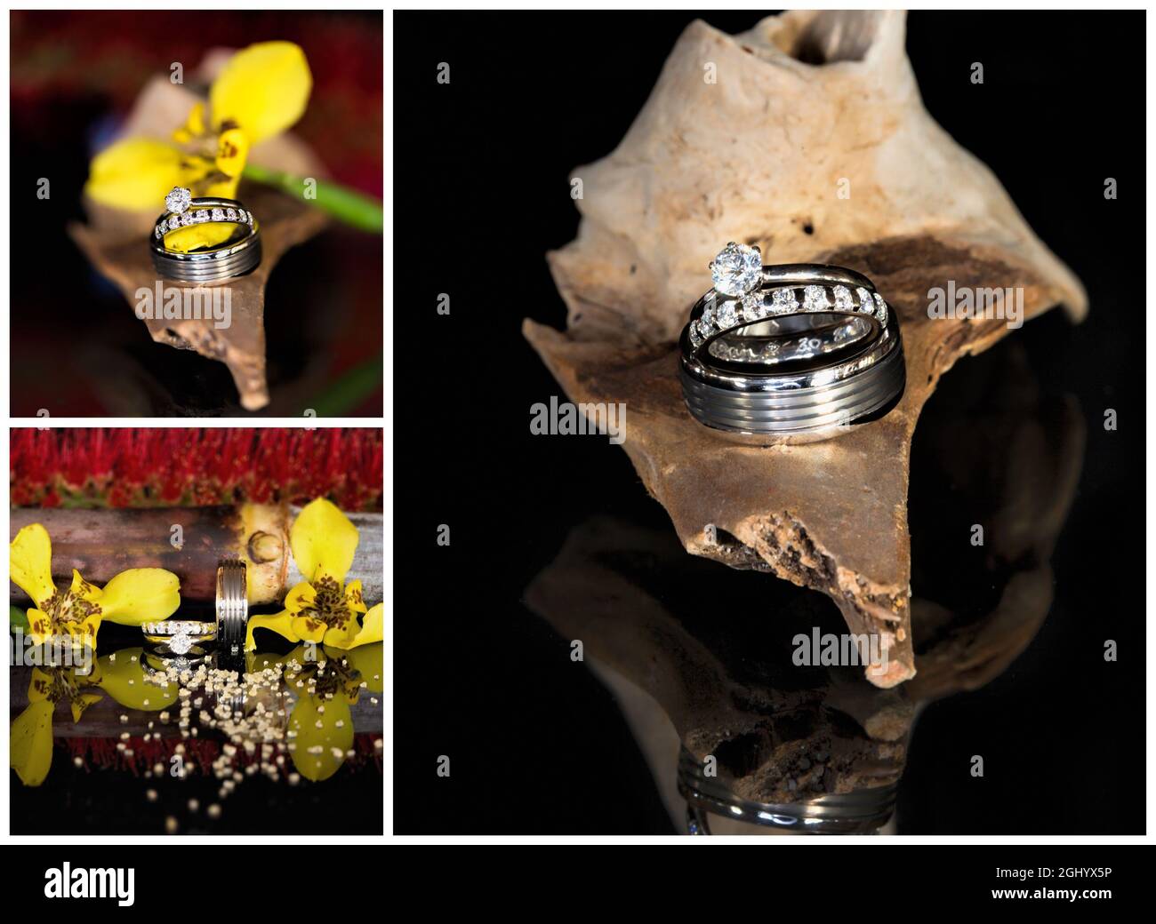 Collage of diamond wedding rings for bride and groom posed on flowers