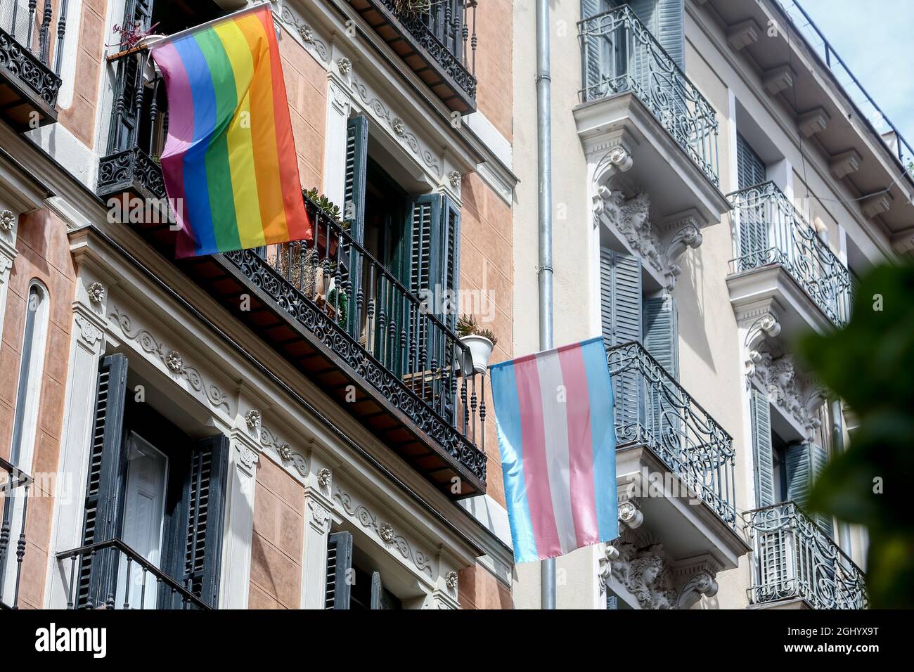 A street in the Malasaña neighborhood, where on September 5 a young man suffered a homophobic aggression, on September 7, 2021, in Madrid (Spain). The National Police is reviewing the security cameras in the area and talking to witnesses and neighbors of the place where a group of eight young people threatened and slashed with a knife to another in a homophobic aggression in the Madrid neighborhood of Malasaña. The incident took place on Sunday at around 5.15pm. According to the complainant, a 20-year-old Spaniard, he was returning home when he was approached by this group, dressed in black ho Stock Photo