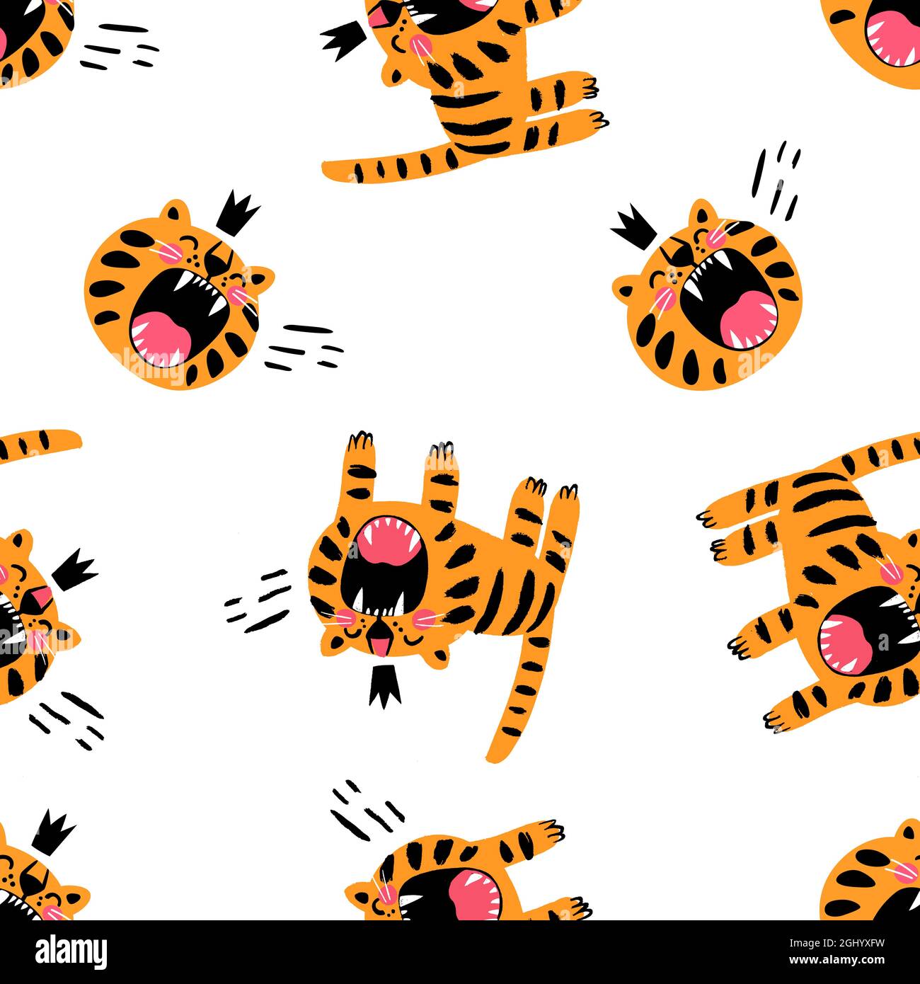 Angry orange tiger and feline muzzle in crown hand drawn childish