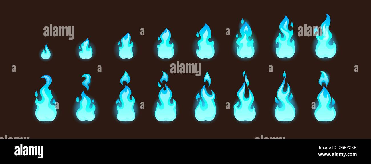 Burning blue fire for 2d animation or video game. Vector cartoon animation  sprite sheet with sequence of magic flame on torch, candle or bonfire  isolated on black background Stock Vector Image &