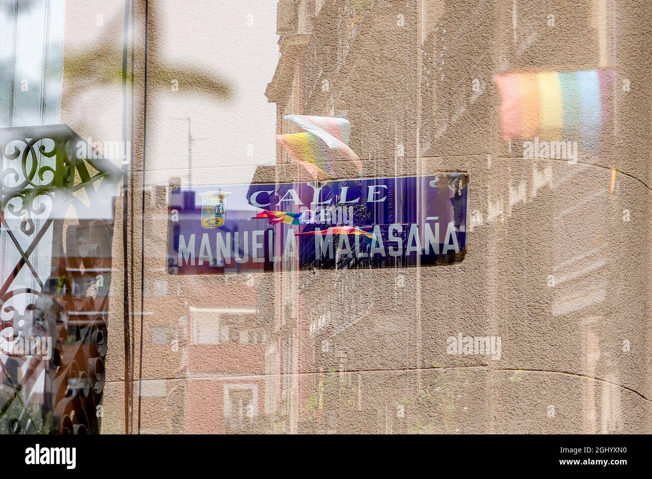 A plaque on the street of Manuela Malasaña in the Malasaña neighborhood, where on September 5 a young man suffered a homophobic aggression, on September 7, 2021, in Madrid (Spain). The National Police is reviewing security cameras in the area and talking to witnesses and neighbors of the place where a group of eight young men threatened and slashed with a knife to another in a homophobic aggression in the Madrid neighborhood of Malasaña. The incident took place on Sunday at around 5.15pm. According to the complainant, a 20-year-old Spaniard, he was returning home when he was approached by this Stock Photo