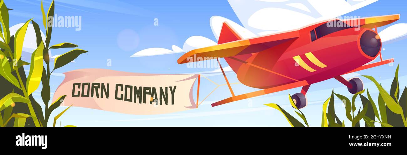 Crop duster plane with corn company banner flying over green maize field. Farm airplane in blue cloudy sky. Agricultural cropduster machine , farming aviation, aircraft, Cartoon vector illustration Stock Vector