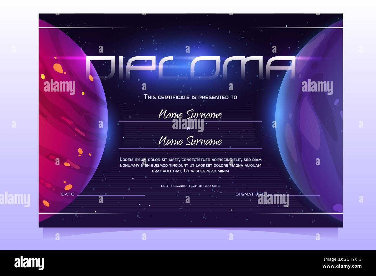 Diploma with planets in space, astronomy science educational certificate with solar system or alien galaxy objects. Graduation or award frame for students with cosmic world, Cartoon vector template Stock Vector