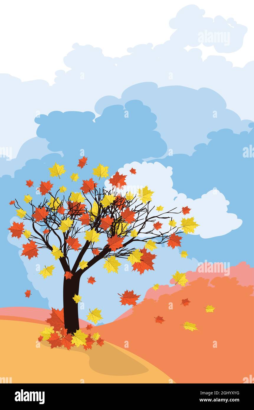 Abstract maple tree with falling autumn leaves over blue sky background ...