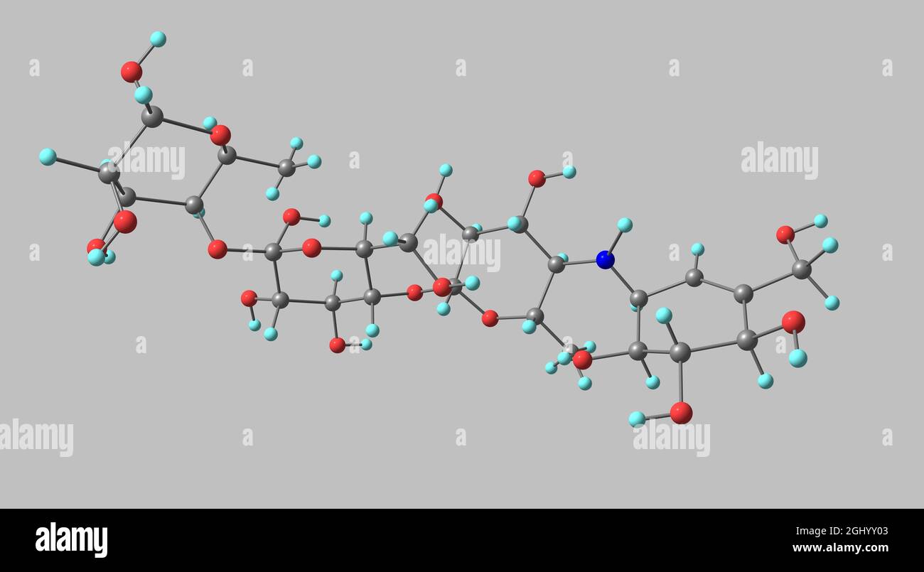 Acarbose is an anti-diabetic drug used to treat diabetes mellitus type 2 and, in some countries, prediabetes. 3d illustration Stock Photo