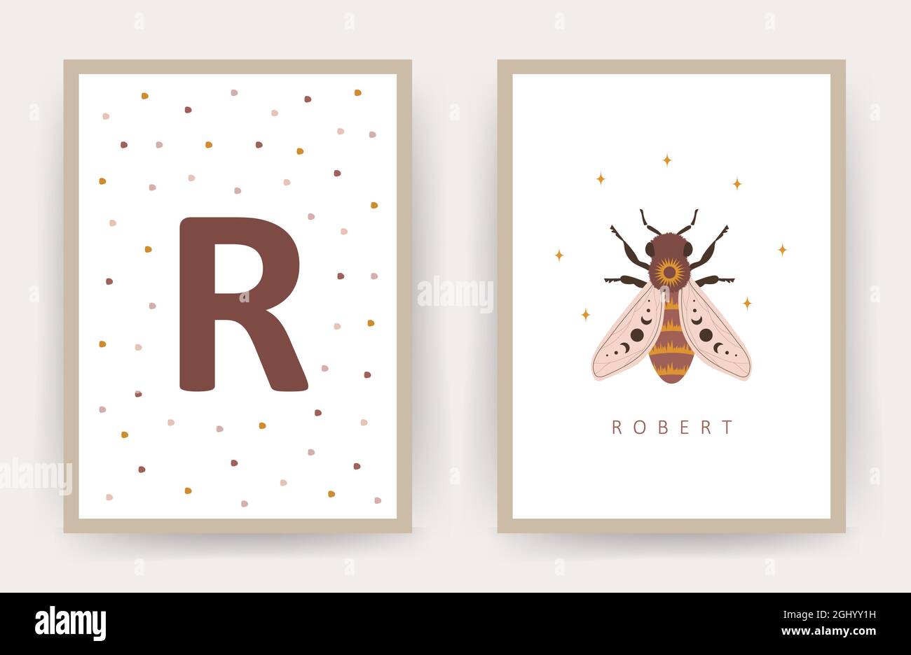 https://c8.alamy.com/comp/2GHYY1H/boho-honeybee-posters-with-kid-name-scandinavian-design-for-children-room-wall-decor-cute-pastel-vector-illustration-in-cartoon-style-2GHYY1H.jpg