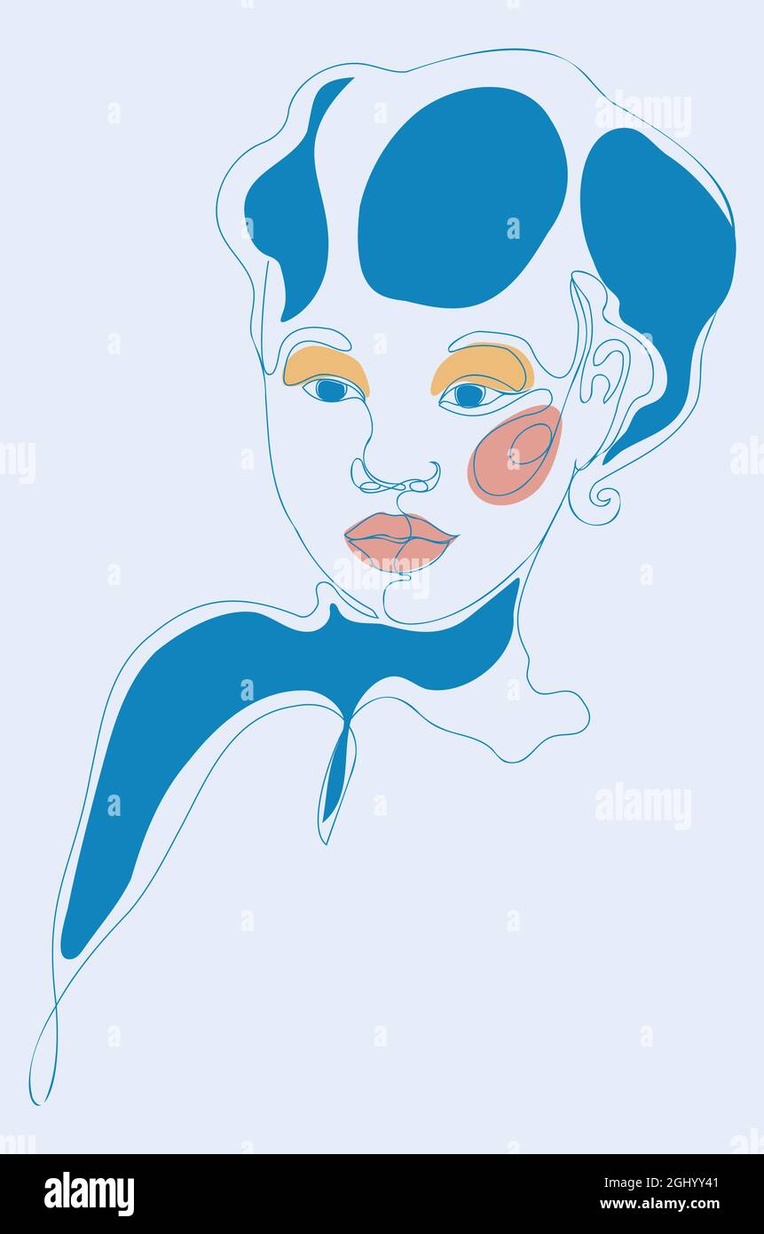 Colorful abstract shapes and line art woman portrait, modern retro ...