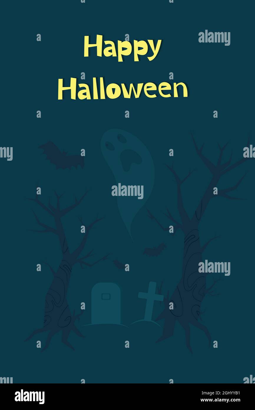 Greeting card for Halloween, scary trees and graves with crosses, vector illustration Stock Vector