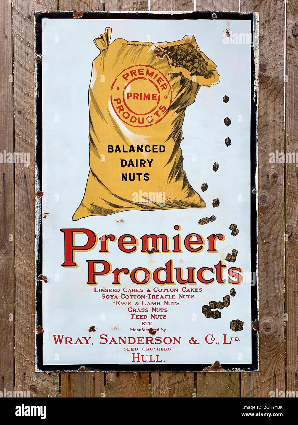 Old metal 1950’s agricultural advertising sign at the Beamish Open Air Museum in Northumberland in northeast England. Stock Photo