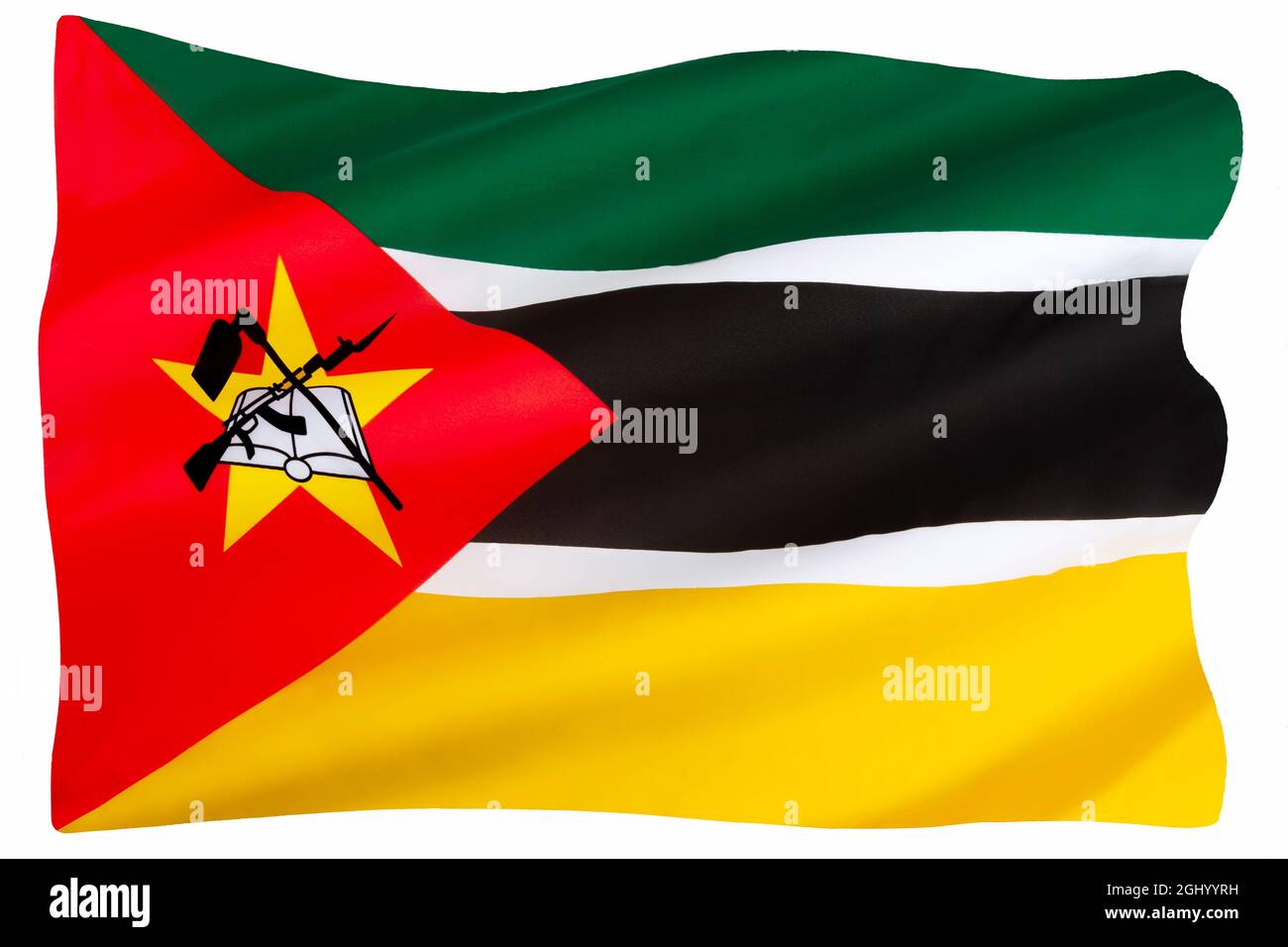The flag of Mozambique was adopted on 1 May 1983. It includes the image of a Kalashnikov rifle with a bayonet attached to the barrel crossed by a hoe, Stock Photo