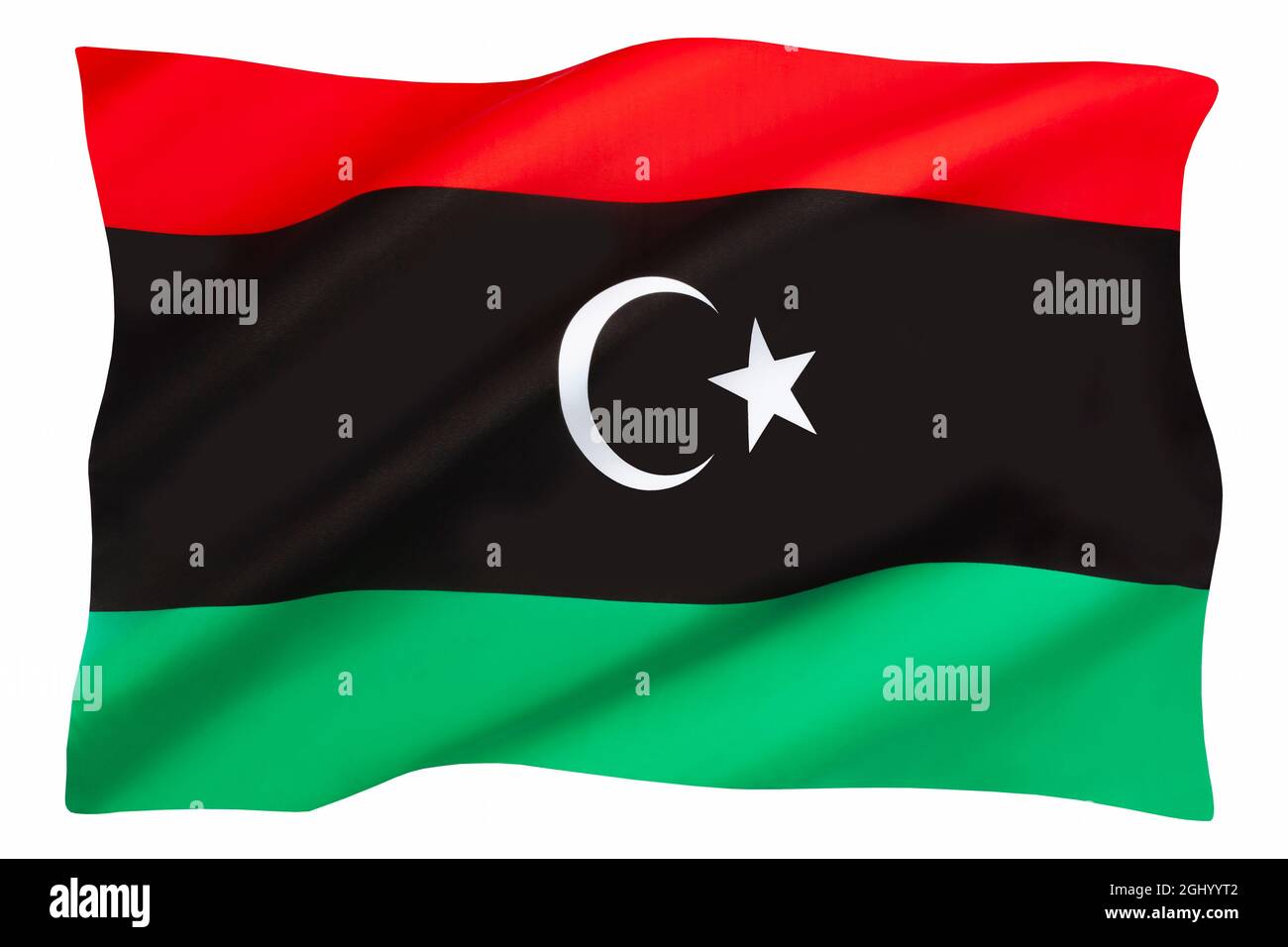 The national flag of Libya. Adopted on December 24, 1951,  Relinquished September 1, 1969 and then re-adopted on August 3, 2011.  Under Muammar Gaddaf Stock Photo