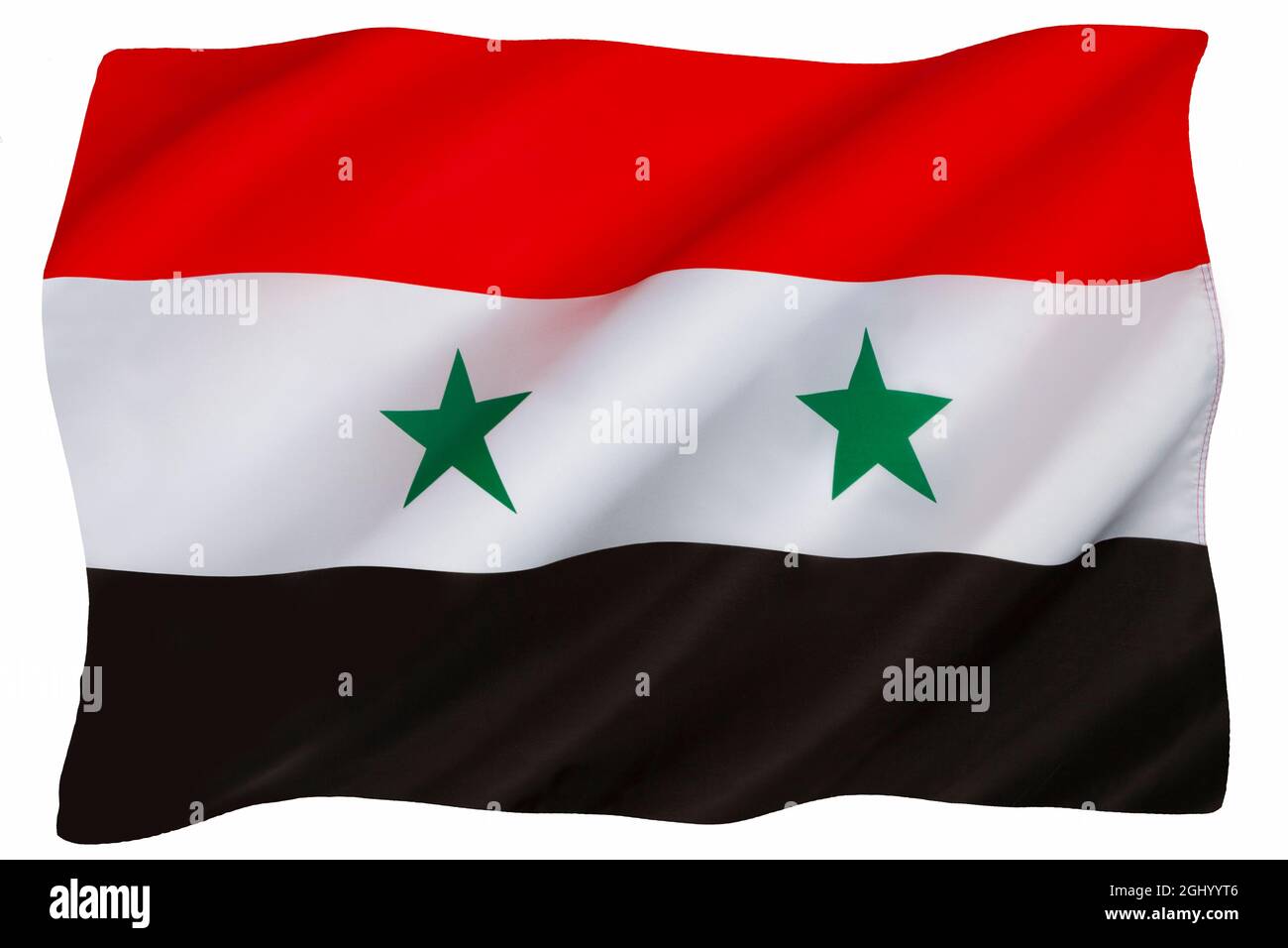 Flag of Syria. As a result of the Syrian Civil War, there are at least two flags used to represent Syria, used by different factions in the war. The i Stock Photo