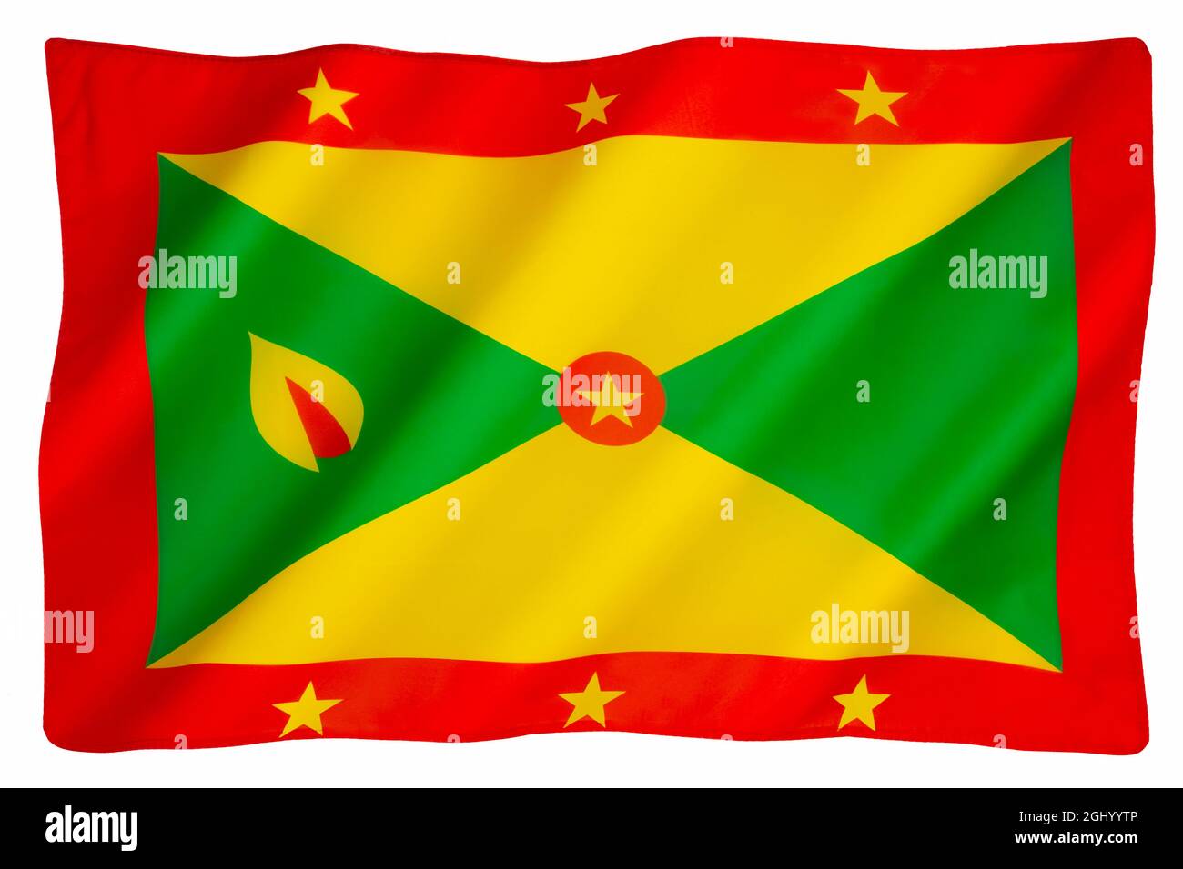 The national flag of the Caribbean island of Grenada. Adopted 7th February 1974. The flag includes a representation of a nutmeg and is symbolic of the Stock Photo