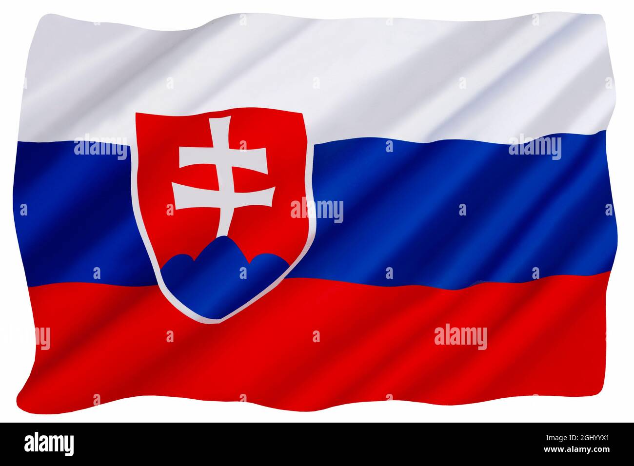 The national flag of the Slovak Republic - Flag of Slovakia.  Adopted 3rd September 1992. Isolated on white for cut out. Stock Photo