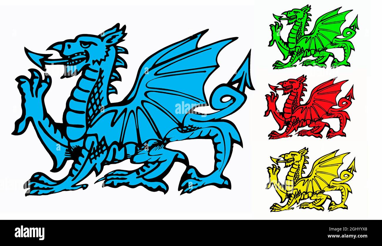 The Welsh Dragon - it appears on the national flag of Wales. The flag is also called Y Ddraig Goch. The oldest recorded use of the dragon to symbolise Stock Photo