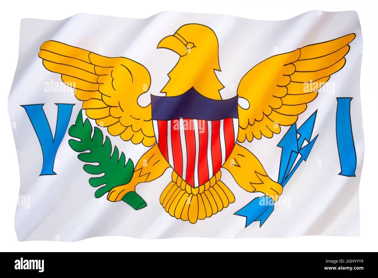 The flag of the United States Virgin Islands was adopted in 1921. It consists of a simplified version of the coat of arms of the United States between Stock Photo