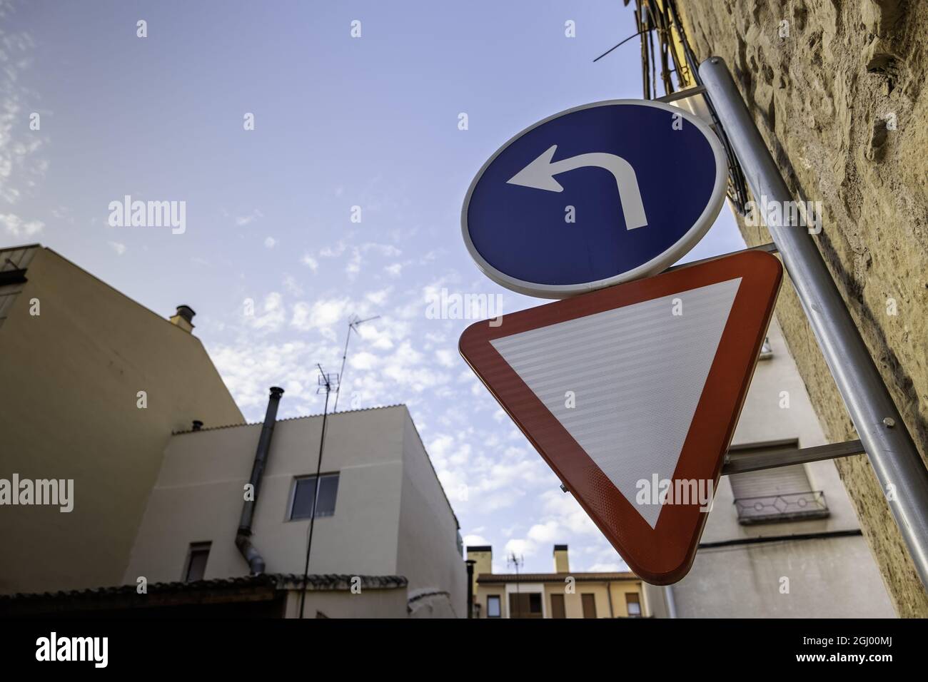 Detail of traffic signs for vehicles, road safety Stock Photo