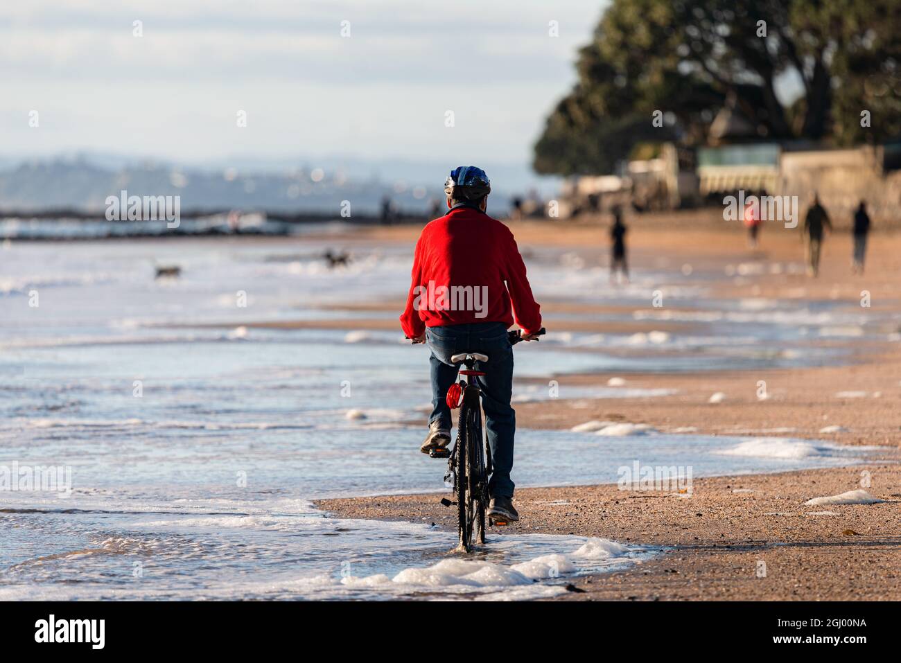 A cyclist riding along Milford beach in Auckland, with out-of-focus people walking and dogs playing on the beach. Stock Photo