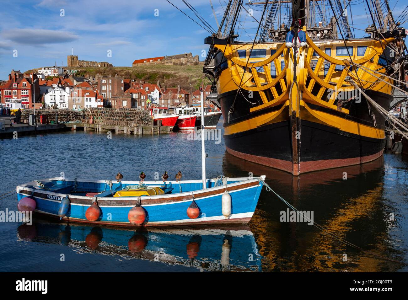 Old sailing ship 'The Endeavor' in Whitby Harbor on the North Yorkshire coast in the United Kingdom. Stock Photo