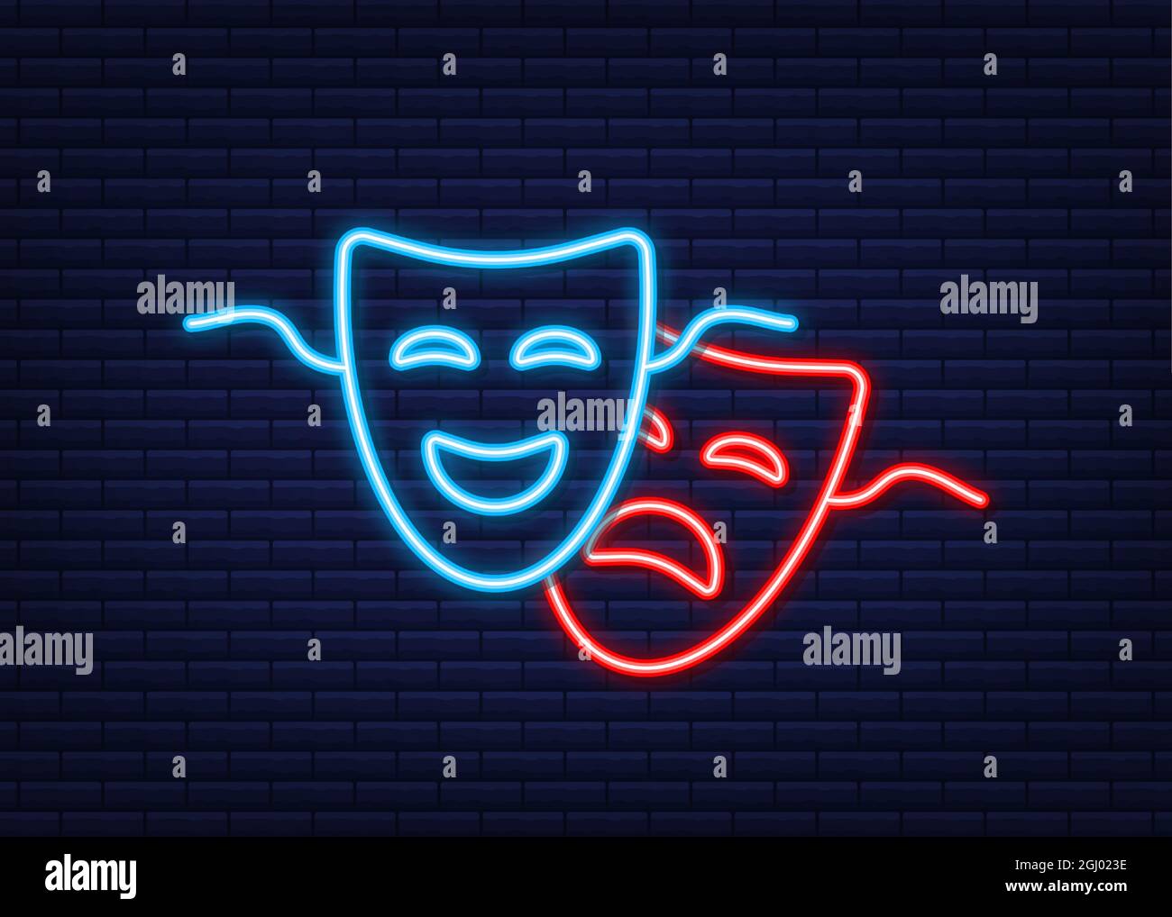 Comedy and tragedy theatrical masks. Neon style. Vector illustration. Stock Vector