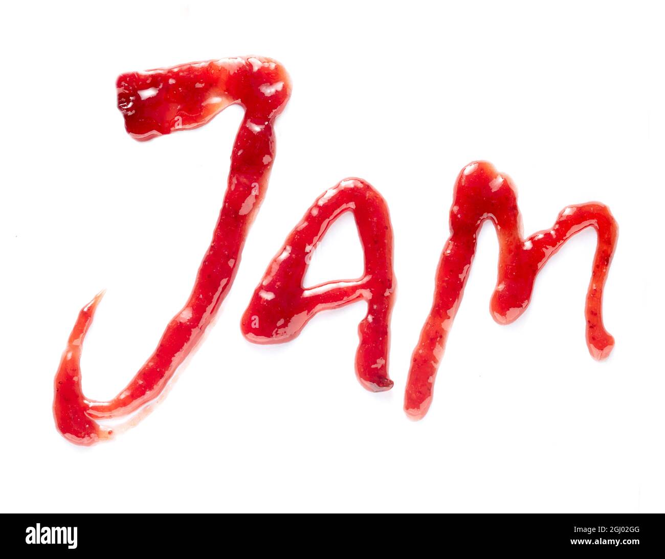 Hand written sign with the word Jam in fresh red berry preserve or jelly isolated on white Stock Photo